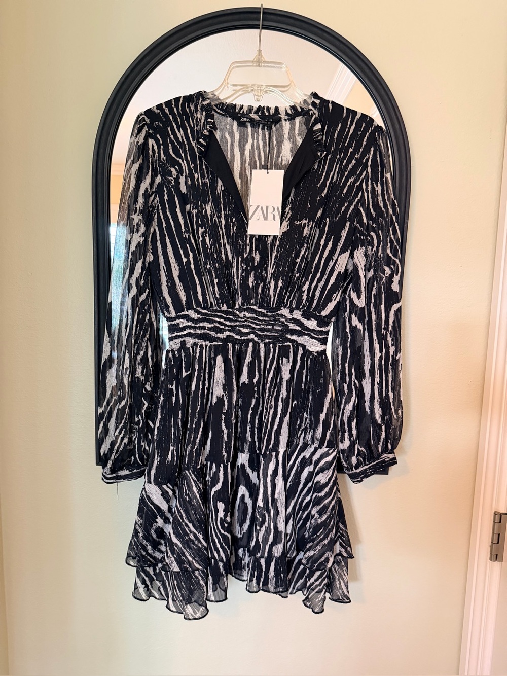 Zara Black & White Abstract Ruffle-Neck Dress